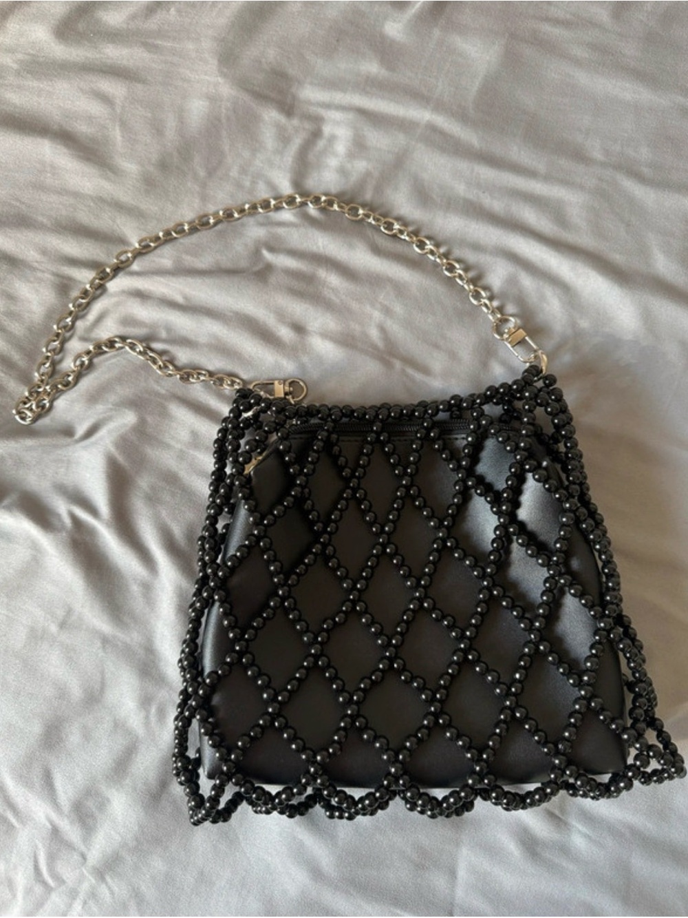 Beaded Black Crossbody Bag with Silver Chain Strap